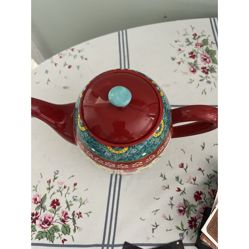 Certified International Tunisian Sunset Teapot Red Cream Aqua - Picture 2 of 6